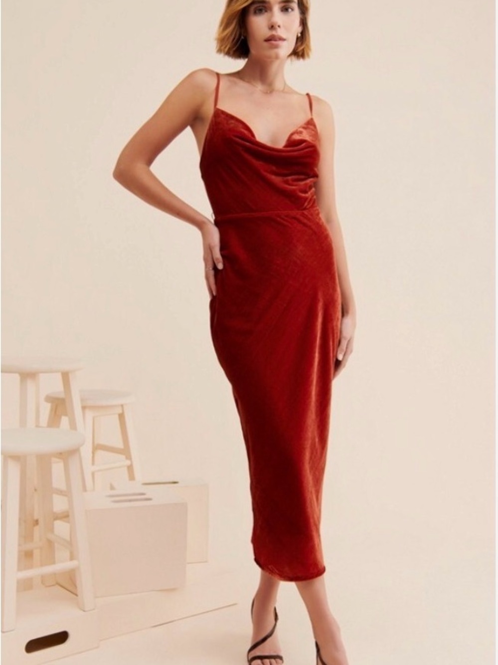 Adelyn Rae Red Velvet Zana Cowl Neck Maxi Dress with Tie Waist
